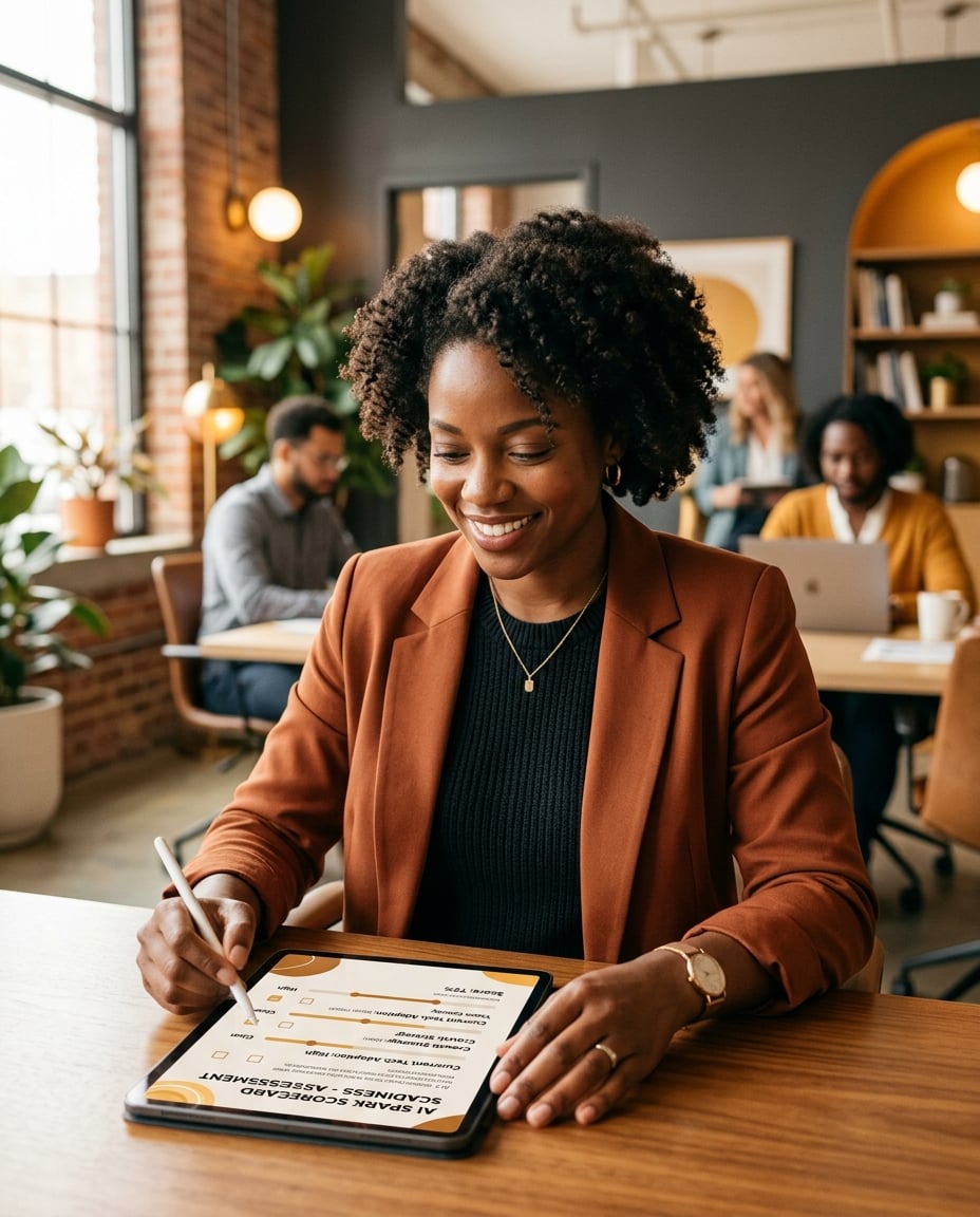 A business owner thoughtfully completing the AI Spark Scorecard readiness assessment on a tablet